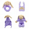 Custom 4 PACK Pretty Purple Long Ears Rabbit Doll Comforter Baby Rattle Plush Toy Cute Baby Bib Newborn Baby Blanket Gift Set