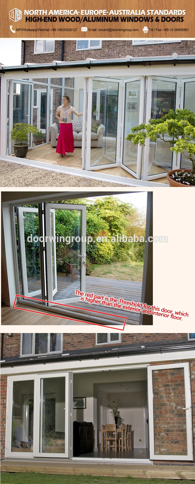 Thermal break aluminum BI-folding double glazing tempered glass doors White patio door with integral blinds shutter