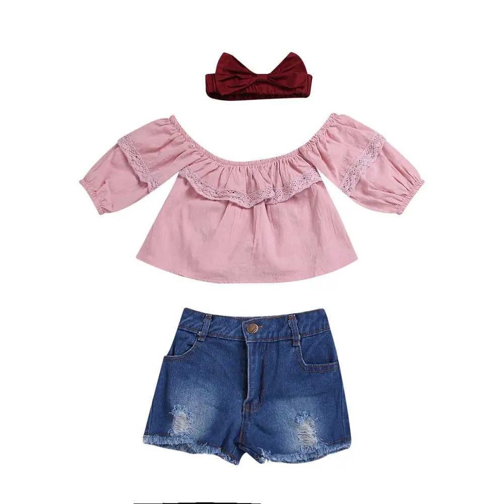 

2019 Newborn Baby Kid Girl Crop Off Shoulder Pink Top T-shirt+Shorts Denim Jeans Pants Sunsuit Outfit Fashion Summer Clothes, As picture