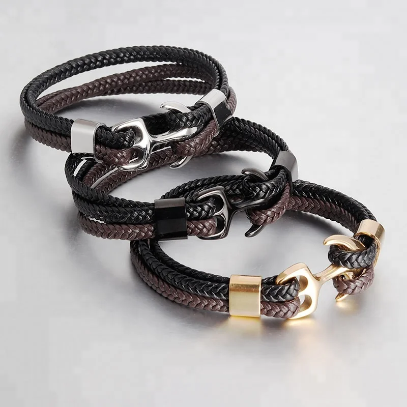 

fashion Jewelry Gold Plated Two Color Braided Wrap Leather Luxury Men Bracelet, Black and brown leather
