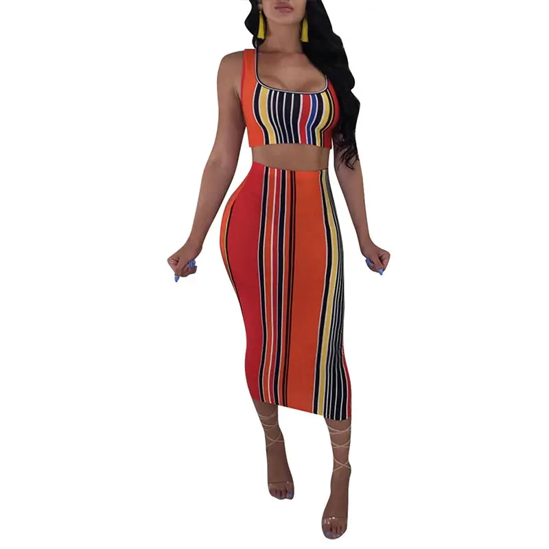 

Multi-Color Striped Vest and Under-Knee Skirt
