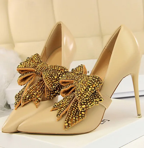 

Z31704A Korean Elegant pointed word with rhinestone bow high heels shoes, Black/red/white/pink/apricot