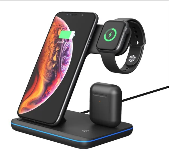 

Wireless charger stand 3 in 1 15W wireless charger device for mobile phone 2.5W charger for watch 2W charging pad for earphone, Black/white