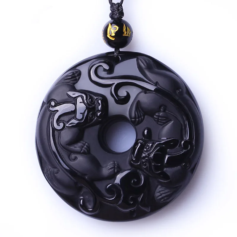 

Wholesale Natural Black Obsidian Stone Pendant Carved Circle Pixiu Chinese dragon pendant necklace Men Jewelry