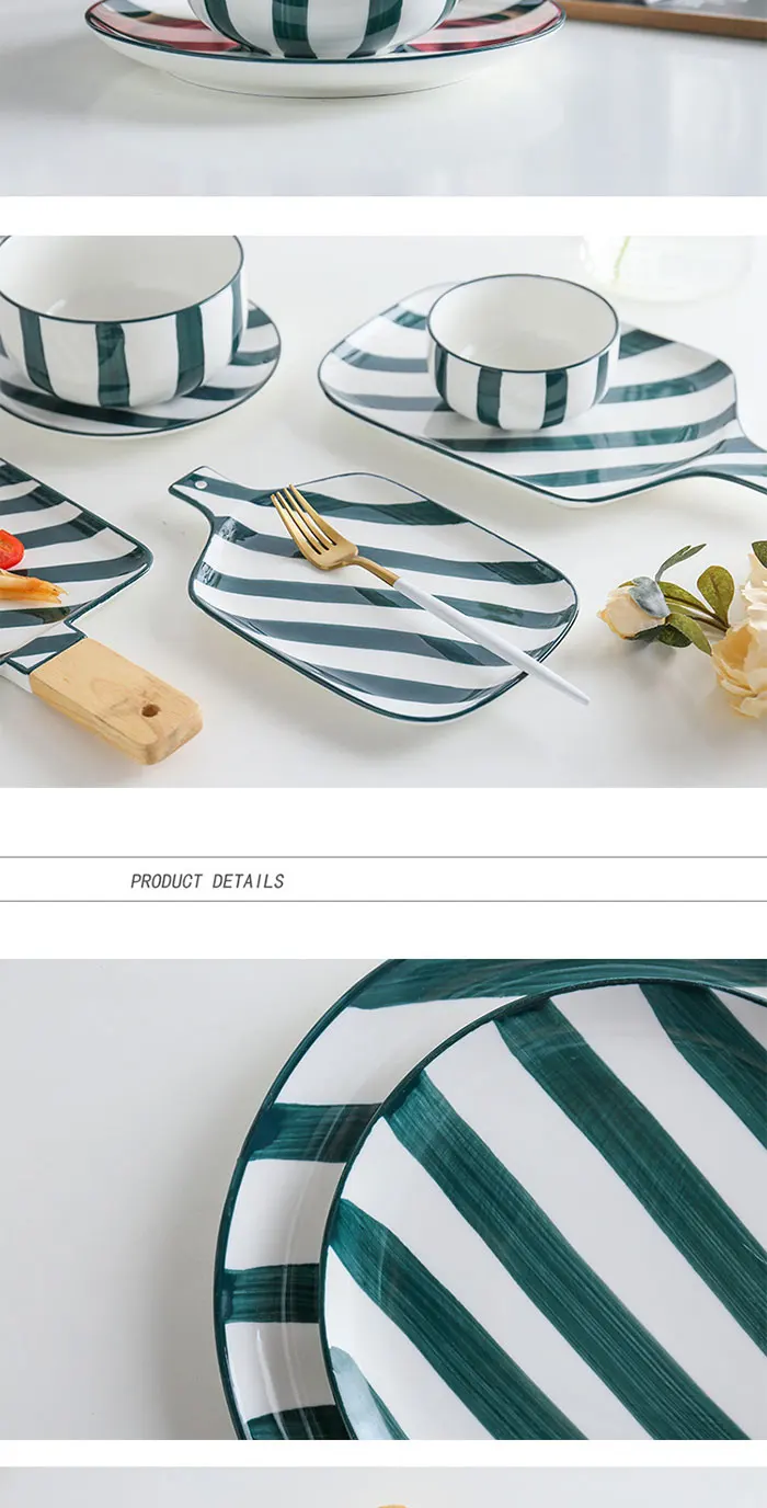 Green stripe series Nordic hand painted ceramic dinnerware Chinese and western plate set mug
