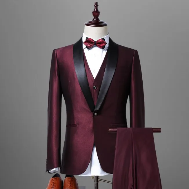 

50%wool satin shawl lapel white elegant 3 piece coat pant designs tuxedo groom wedding suit, Purple ,navy blue ,wine red