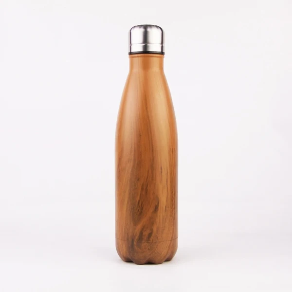 

17 oz New wooden style double wall stainless steel insulated cola shaped water bottle