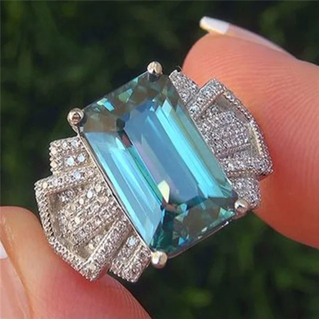 

Boho Female Ocean Blue Zircon Stone Ring Cute Luxury Love Wedding Jewelry Promise Engagement Rings For Women