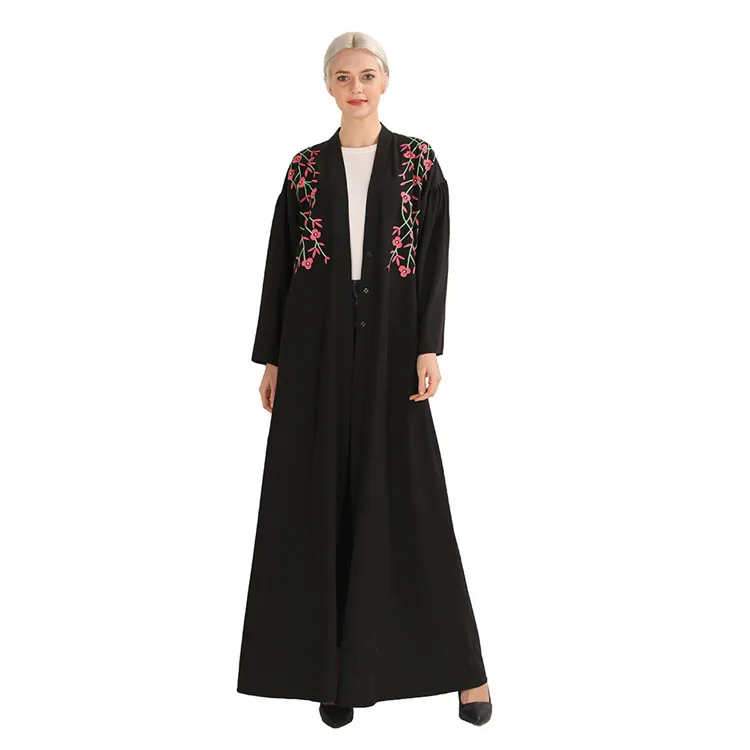 

New Arrival Ramadan Spring Black Fashion Floral Printing Open Abaya