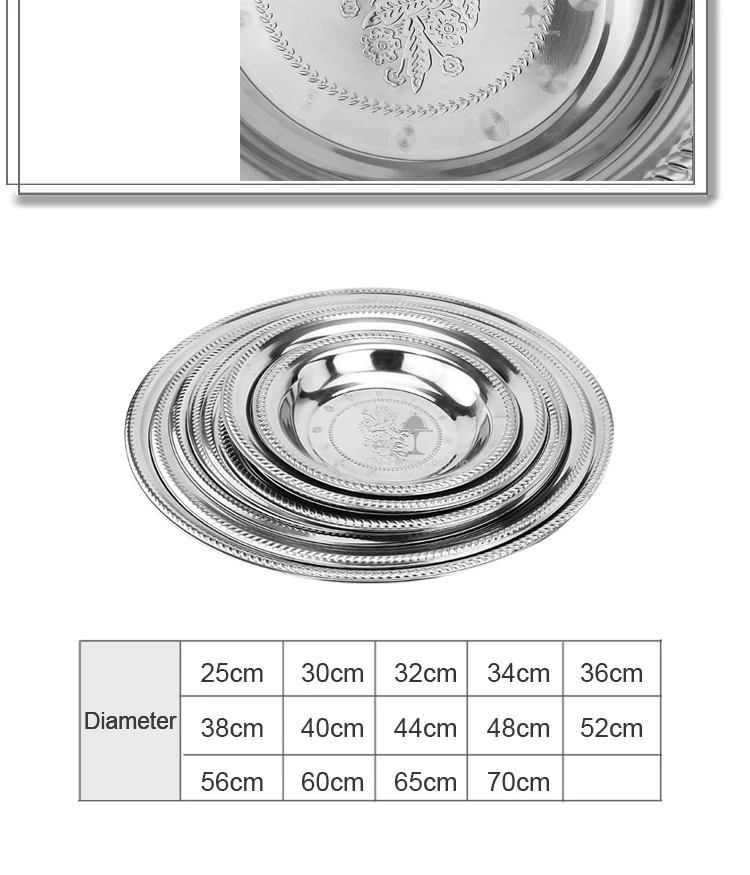 high quality and China dishes wholesale round serving tray stainless steel plate set