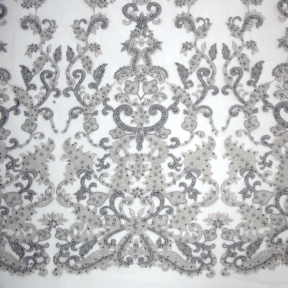 

Wholesale nigeria gray 3d embroidered pearl lace fabric with stones tulle lace dress fabric for show HY0964-3