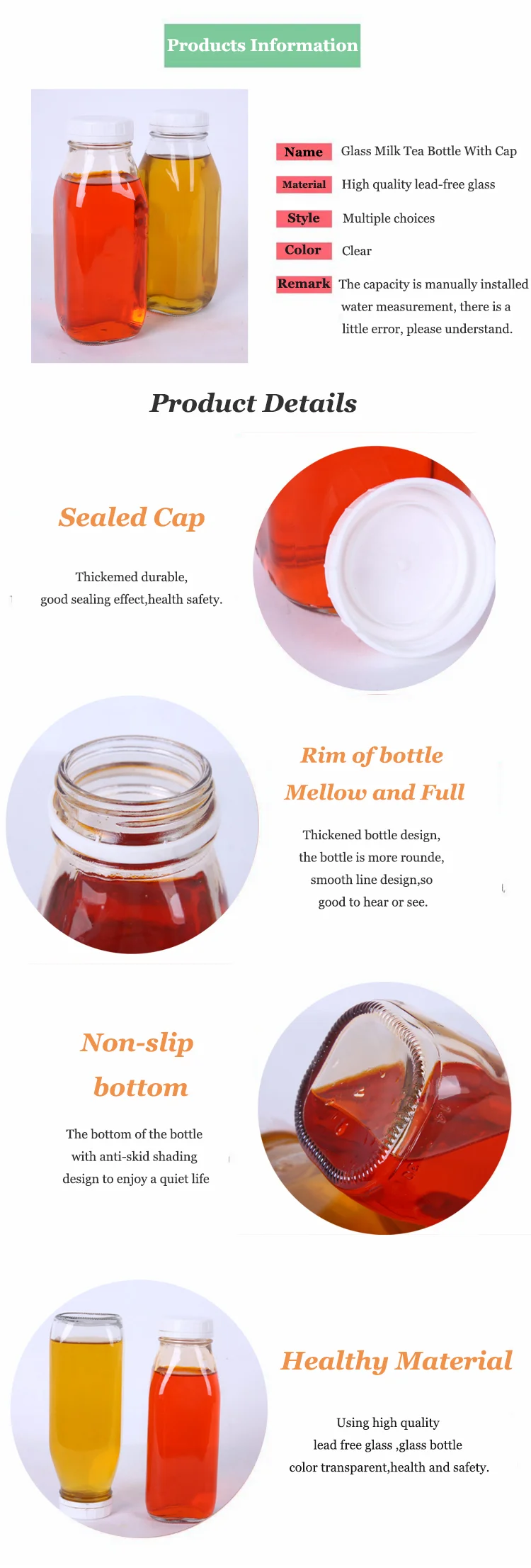 16oz Recyclable Square Transparent Glass Bottle Cork Crown Cap Beverage