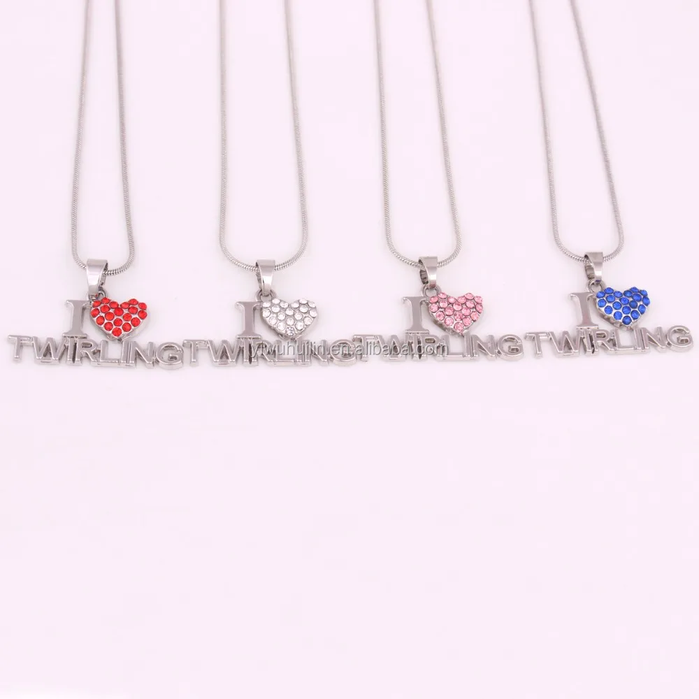 

I Love Twirling Blue Pink Clear Red Rhinestone Heart Pendant Twirl Sports Necklace