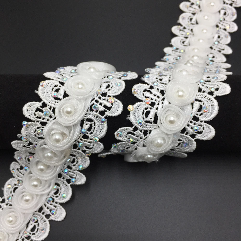

Hot Sale Rhinestone Pearl Flower Lace Trimmings, As picture