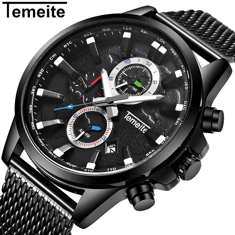 

TEMEITE New Original Men's Watches Chronograph Sport Business Quartz Watch Men Clock Date Mesh Strap Wristwatches Male Relogio