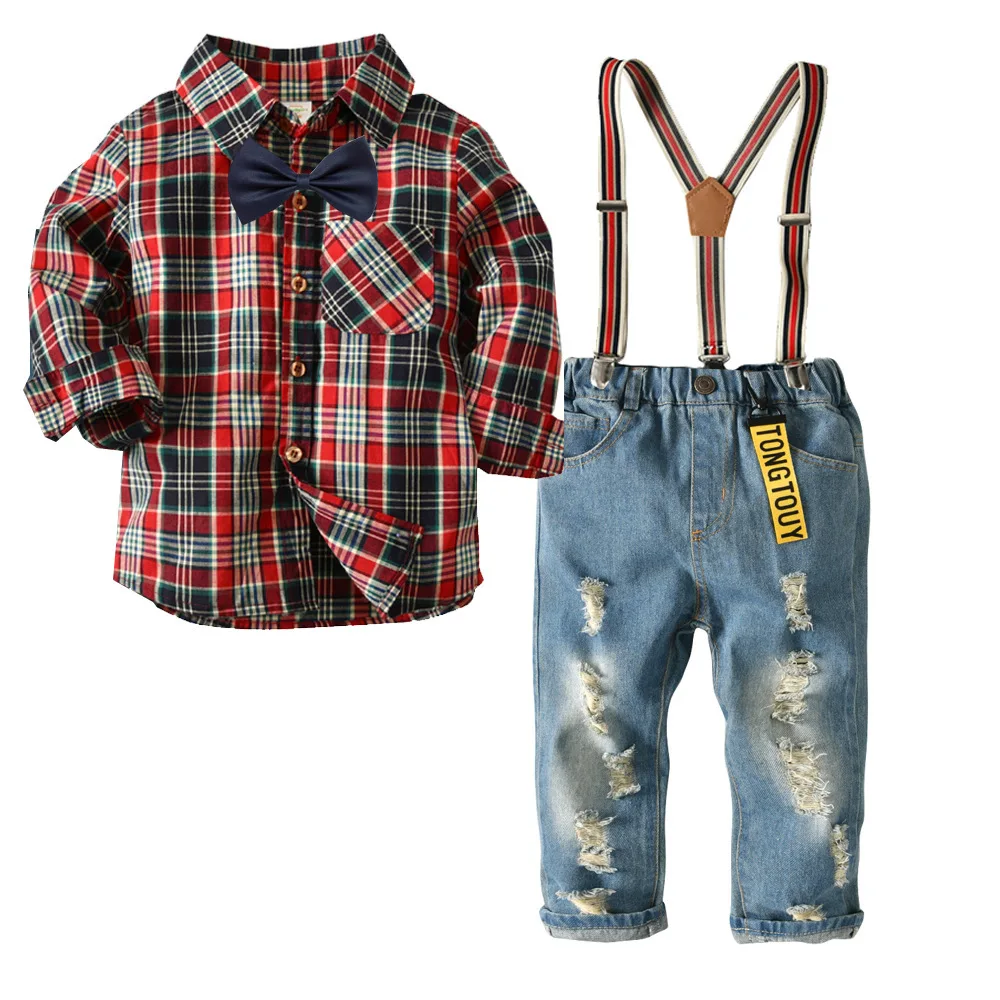 

boutique clothing children Boys Plaid Shirt Jeans Trousers Set Child Gentlemen's Set of Four Children's Suits, Picture