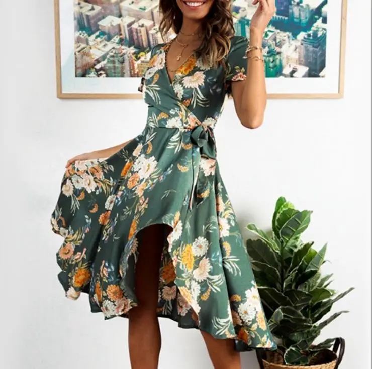 

Elegant floral print satin women dress Wrap v neck high waist summer dresses Sexy bow tie green female casual dress, As shown