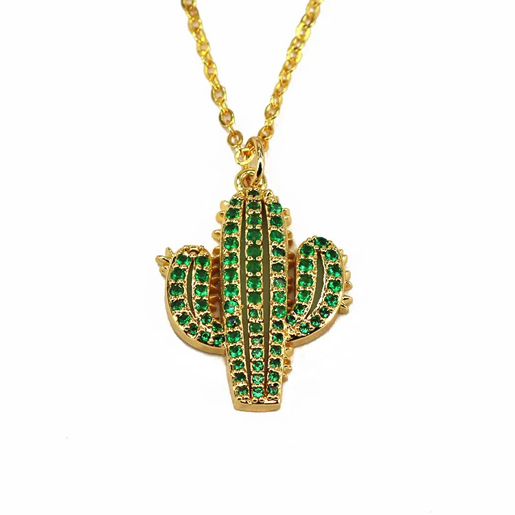 

NC1015 2019 Fashion Dainty Gold Minimalist Green CZ Diamond Cactus Pendant Necklace