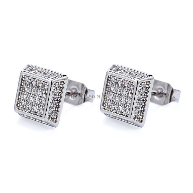 

Blues RTS Hip hop Micro pave Square Diamond Earring jewelry, Twotone
