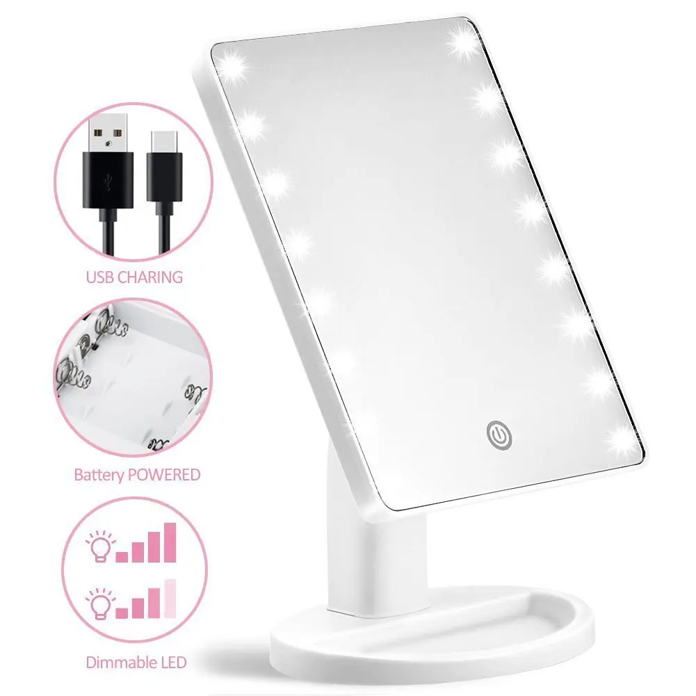 

Desk Makeup Mirror Vanity LED High Cosmetic Mirrors 180D Free Rotating with Touch Screen Dimming Standing Mirror with Light, White+pink