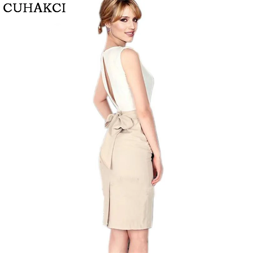 

Patchwork Hollow Back Dresses Women Chiffon Sleeveless Bow Office Lady Party Dress, Beige;black