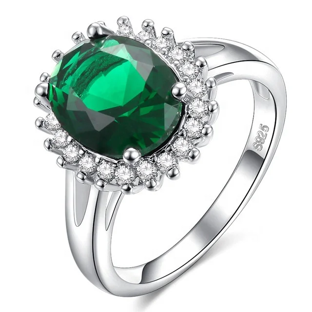 

Green Emerald 925 Sterling Silver Fashion Princess Diana Engagement Wedding Ring For Women Solitaire