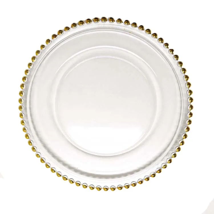 

13 inch Gold beaded rim dinner charge plates Round Clear Glass dinnerware dishes for Wedding Party dinner set