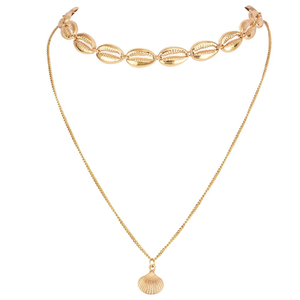 

Bohemian Women Jewelry Multi Layered Natural Seashell Gold Chain Women Cowrie Shell Pendant Necklace