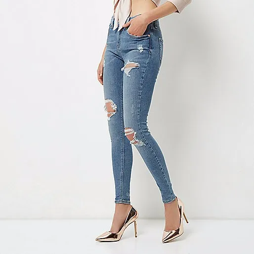 high waisted stretch ripped jeans