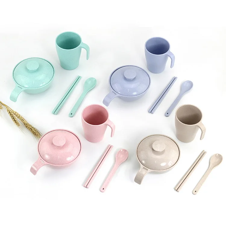 

Wheat straw cute 5pcs Bowl Cup Chopsticks Spoon Kids Dinnerware Cutlery Set, Blue, pink, green ,beige