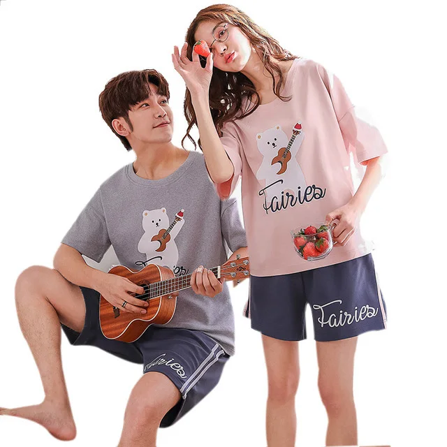 

LY227 Wholesale cotton Pajamas Summer Couple Pajamas Short-Sleeved Shorts Home Service Suits 100% Cotton Sleepwear Set, 16 patterns