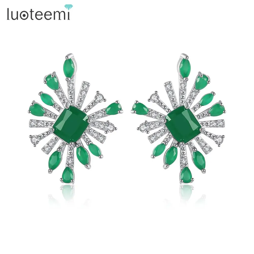 LUOTEEMI Gold Plated Radiation Shaped A AA Cubic Zirconia Earrings Women Gift Vintage Green Stud Earrings