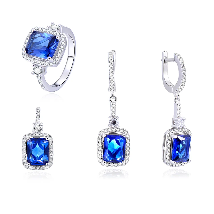 

POLIVA Hot Products Fashion Brilliant Three Parts Sapphire 925 Sterling Silver Pendant Earring and Ring Women Jewelry Set, Blue