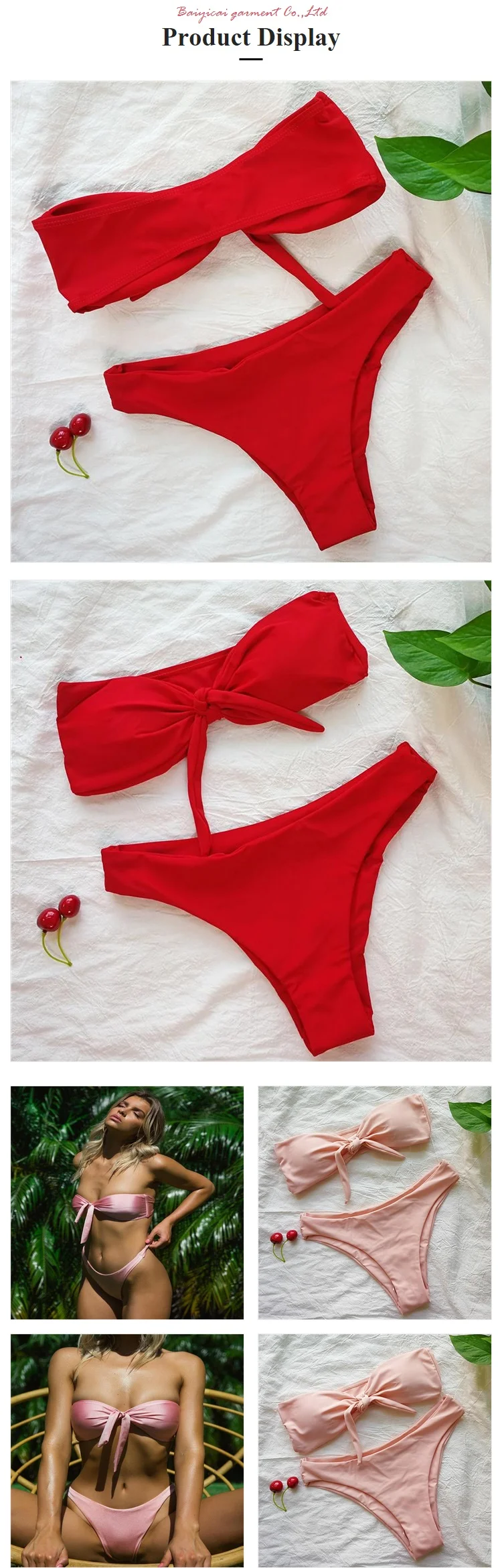 Women Off Shoulder Bow Red Color Bathing Suits Bikini Swimsuit Swimwear ...