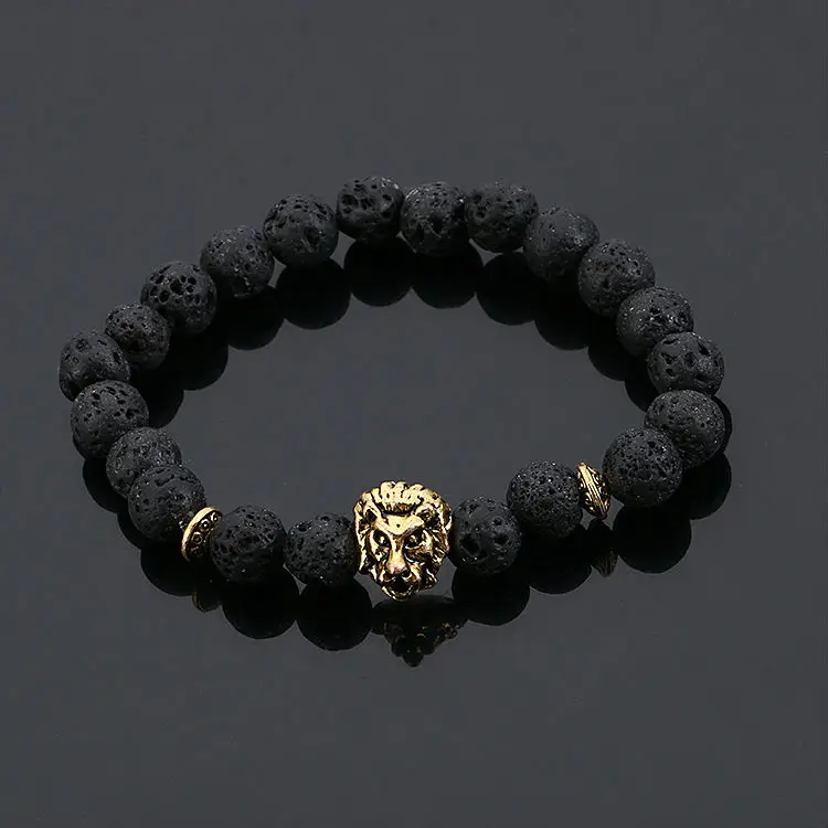 

Hot sell Wholesale Gold Plated Leo Lion Head Bracelet Black Lava Stone Beaded Bracelets For Men Women, N/a