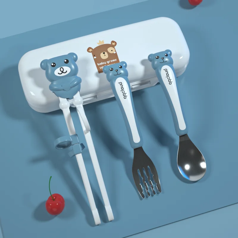 

children baby kid kids stainless steel feeding learning training chopsticks fork spoon tableware Cutlery travel set with box, N/a