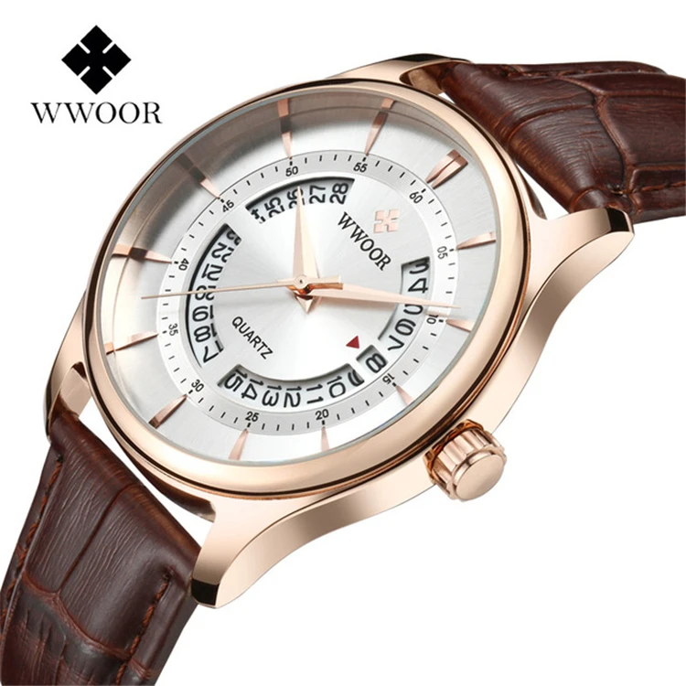 

WWOOR 8863 Brand Luxury Hollow Date Rose Gold Men Waterproof Sports Watches Quartz Analog Leather Business Watch