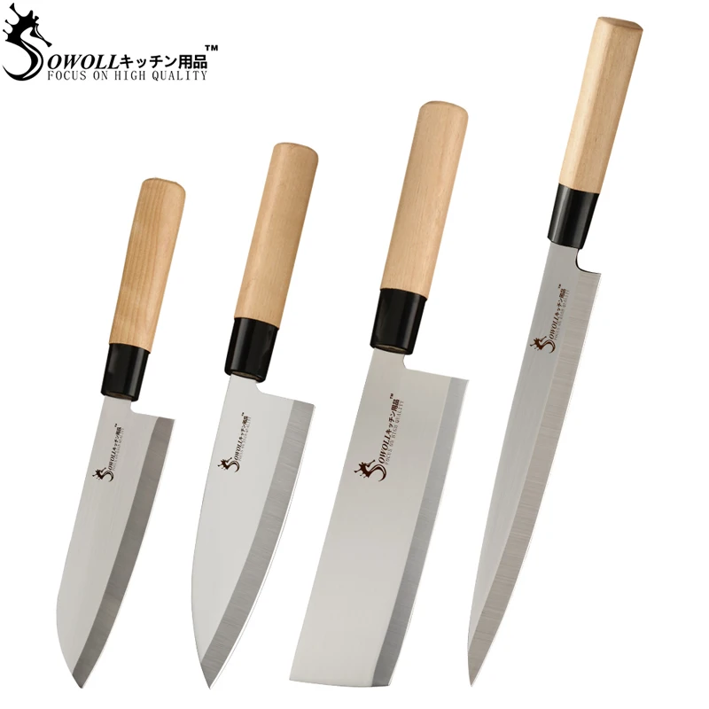 

Free Shipping Yangjiang Sowoll Kitchen Knives Sets Wood Handle Single Bevel Japanese Type 4 Piece Japan Chef Knife Set