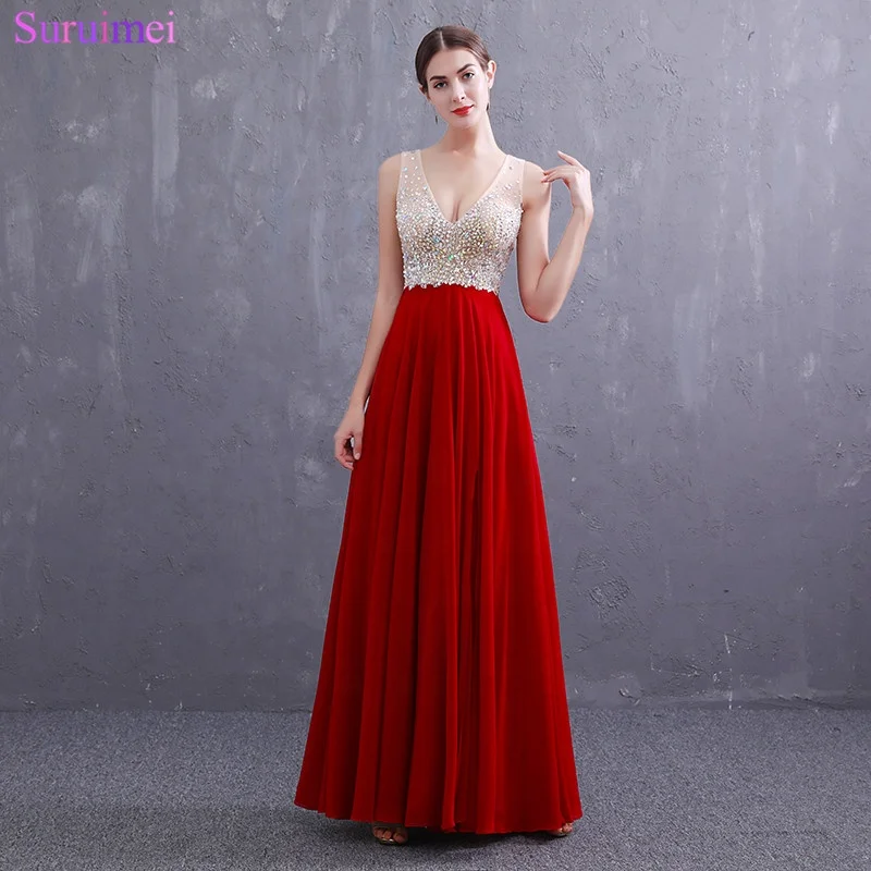 

Sexy V Neck Chiffon Evening Dresses Nude See Through Beaded with Spaghetti Straps Backless High Side Slit Long Evening Gown Prom