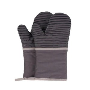 Image of Cotton Extra Long Heat Resistant Silicone Stripes Kitchen Oven Mitts Non-slip BBQ Gloves