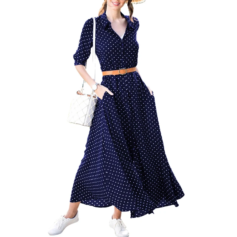 

Fashion clothing Red Polka Dot Button Down Maxi Shirt casual dresses women long, As shown