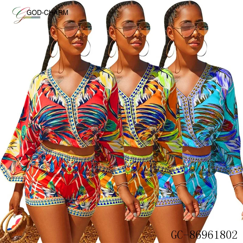 

GC-86961803 hot sell summer clothes club 2 pc set Women tropic Floral Print V Neck Short Sleeve Fashion Two Pieces