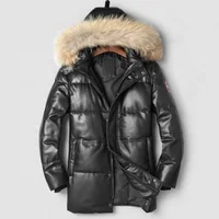 

Ready to ship mens black genuine leather high quality Winter down jacket with real fur line hood