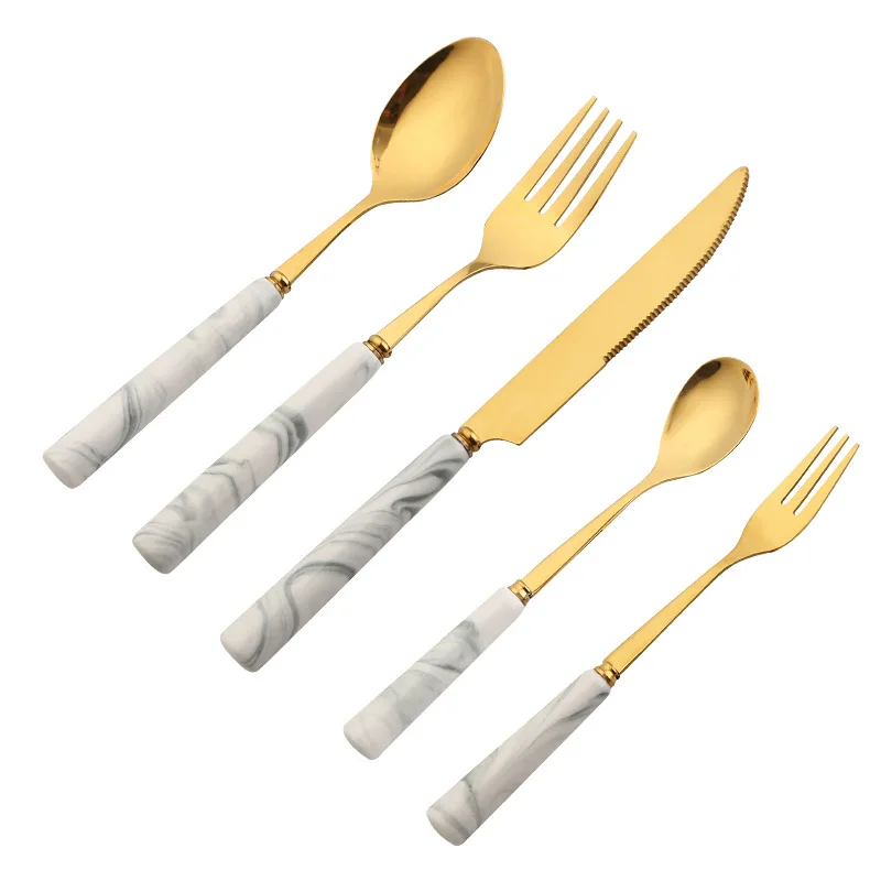 Gray red marble Ceramic Handle  Stainless Steel main knife fork Spoons flatware cutlery Sets