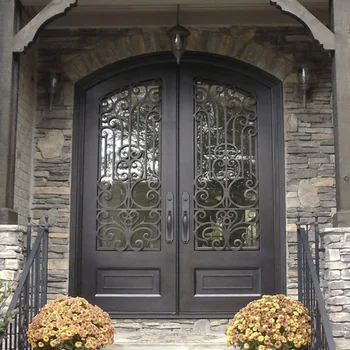 Puerta De Hierro Forjado De Vidrio Doble Moderna - Buy Puerta Doble De