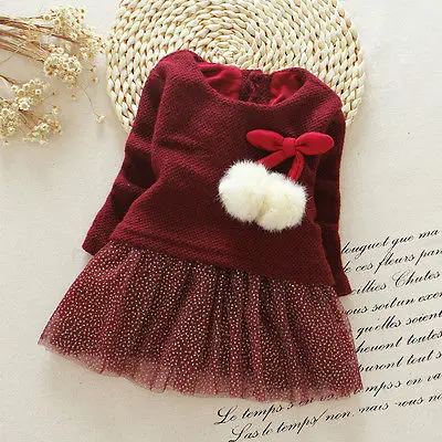 

Autumn Winter Baby girl clothes Cute long sleeve Warm girl dress Bow Kids Toddler Tutu Party dresses, As picture