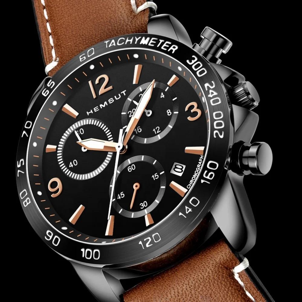 

New Men Sport Watch Quartz Watch Chronograph Function brown Genuine Leather Men Clock, Black silver blue gold