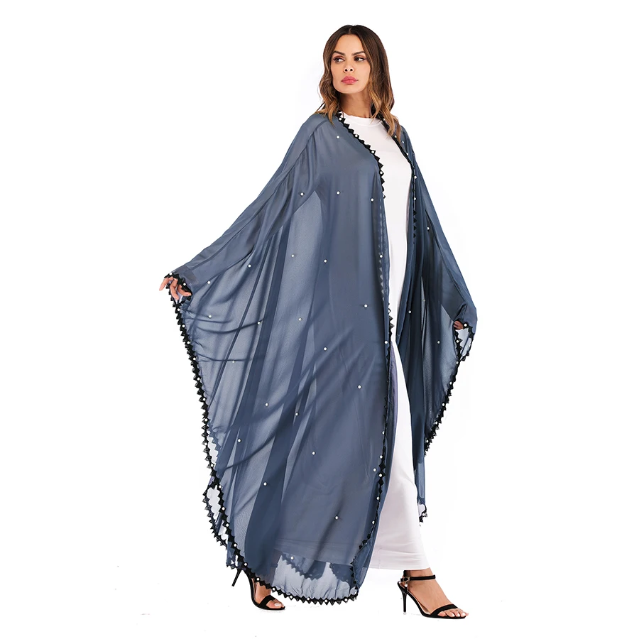 

wholesale fashion navy blue elegant islamic black women chiffon lace dress plus size pearl muslim abaya, Grey