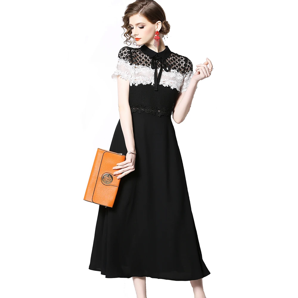 Wholesale In Stock Women New Designer Fashion Half Stand Collar Black and White Lace Patchwork Long Chiffon Dress