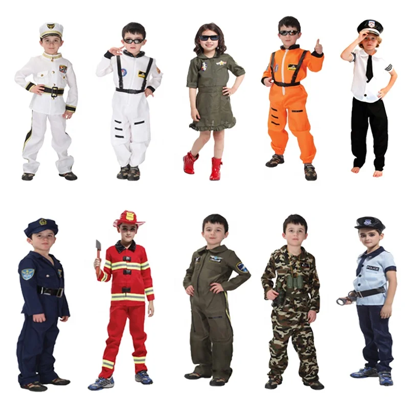 

Halloween Astronaut Costume Party Policeman Air force Soldier Firefighter Uniform Carnival Career Dress Up Kids Cosplay Costume, As picture